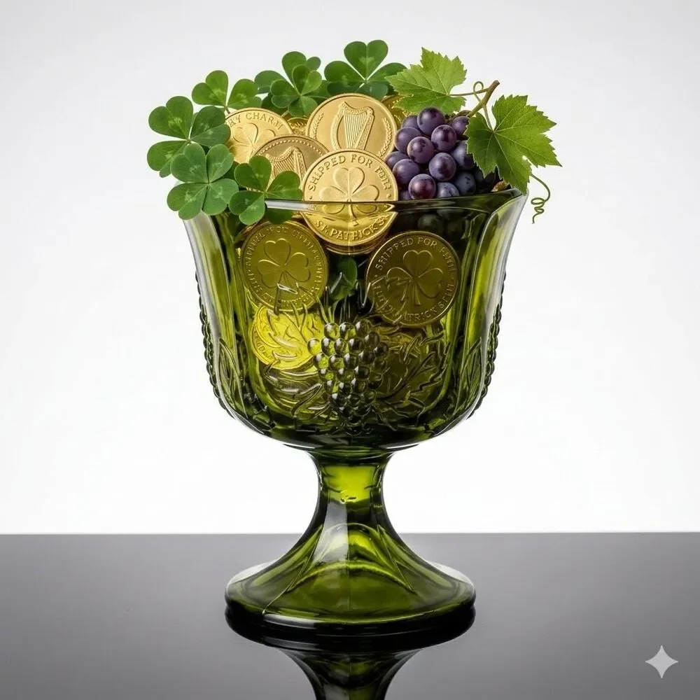 Vintage Indiana Glass Harvest Grape Compote – Avocado Green Pedestal Candy Dish